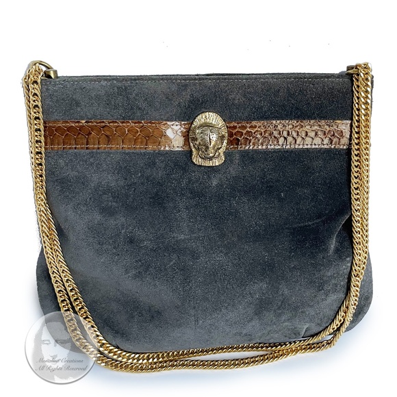 Vintage Ruth Saltz Shoulder Bag Retro 80s Gray Suede Tan Snakeskin Cougar Head - Picture 1 of 7